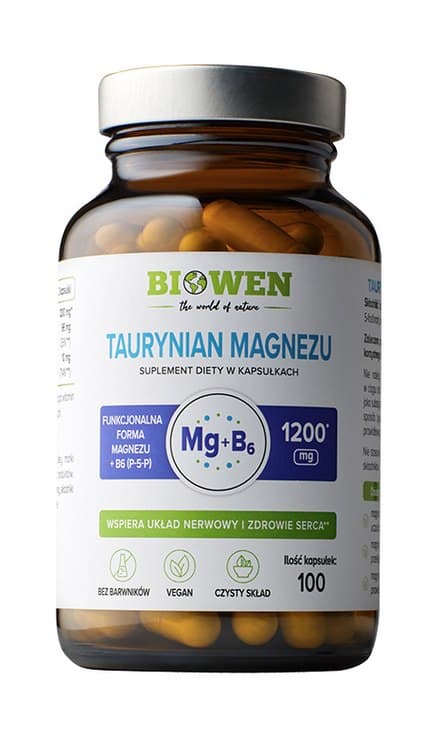 Biowen - Magnezyum Taurat 1200mg z Witaminą B6 (P-5-P) 100 kapsułek – Biowen opakowanie