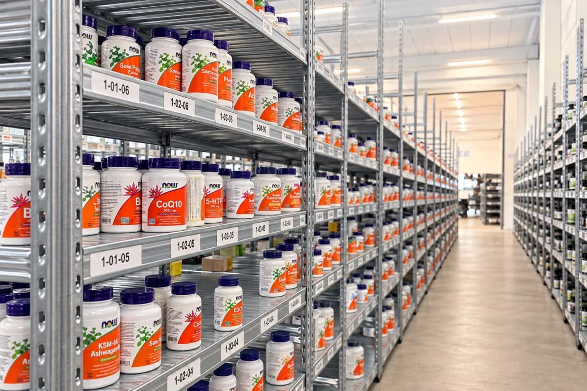 NOW Foods supplement bottles on labelled warehouse shelves
