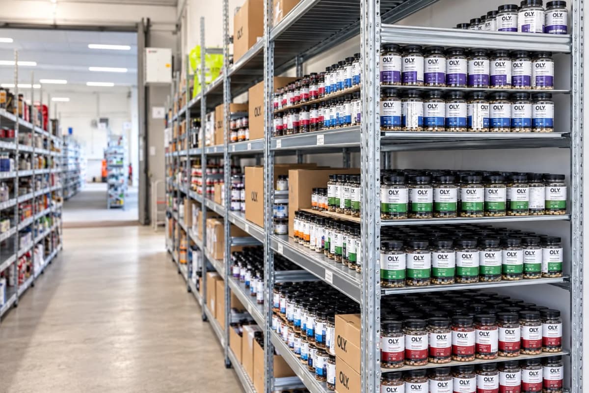 Shelves stocked with OLY supplement bottles