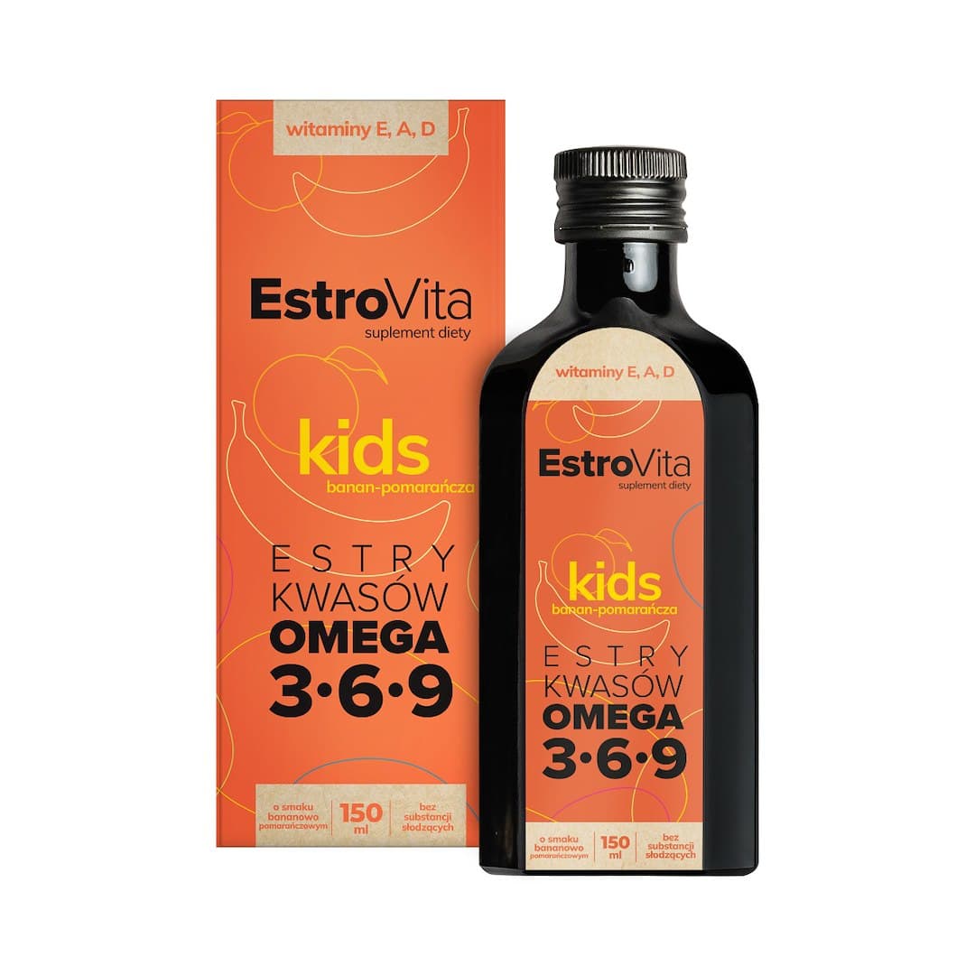 EstroVita Kids Omega 3-6-9 150 ml med apelsin- och banansmak – Estrovita verpakking