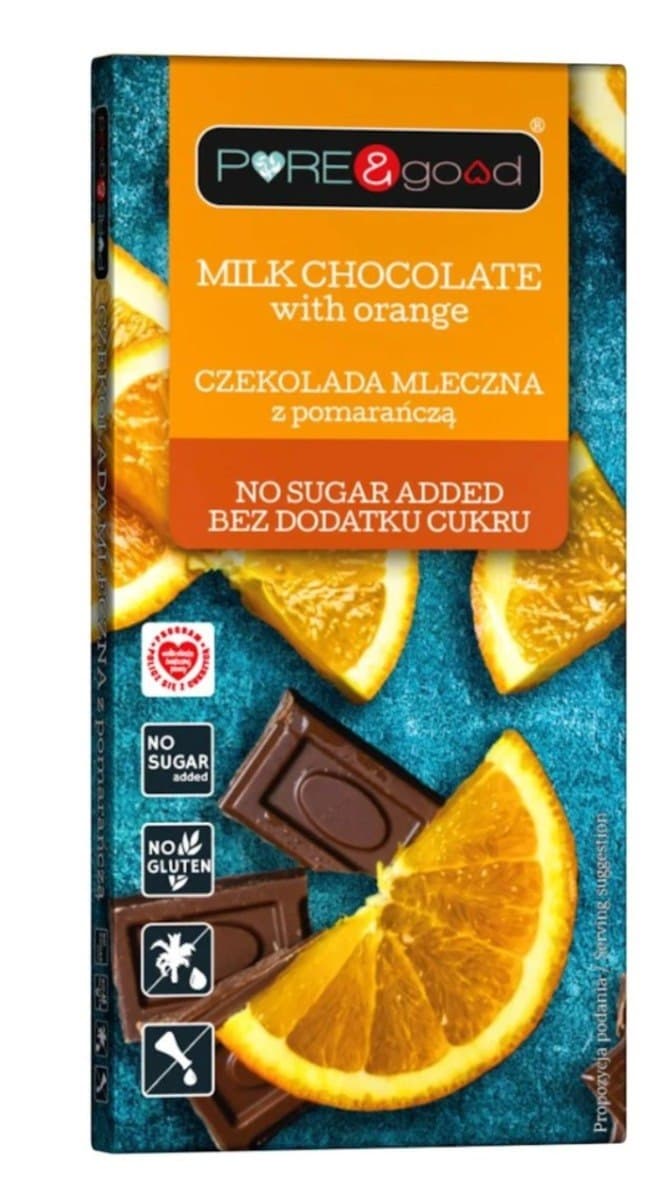 PURE & GOOD Mjölkchoklad med apelsin utan tillsatt socker 75g | EKO WITAL