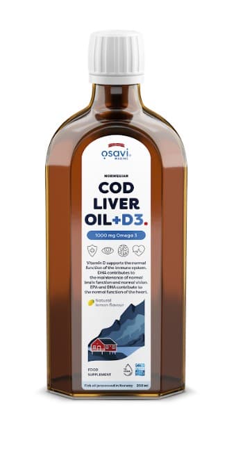 Osavi - Norwegian Cod Liver Oil - 1000mg Omega-3 + D3, Lemon - 250ml – Osavi Nature förpackning