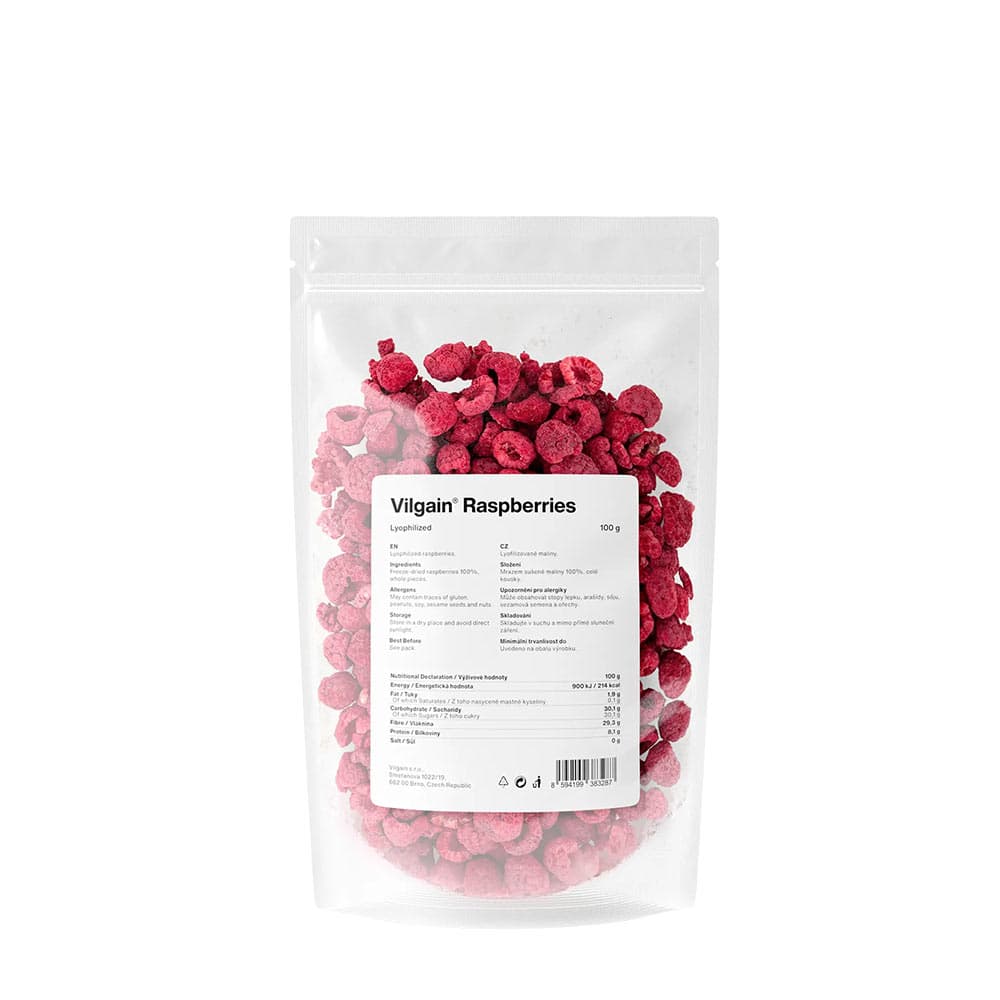 Vilgain - Frystorkade Hallon - 100g – Vilgain förpackning