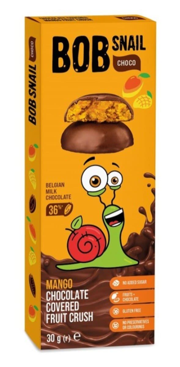 BOB SNAIL Äpple & Mango i mjölkchoklad 30 g | EKO WITAL – BOB SNAIL förpackning