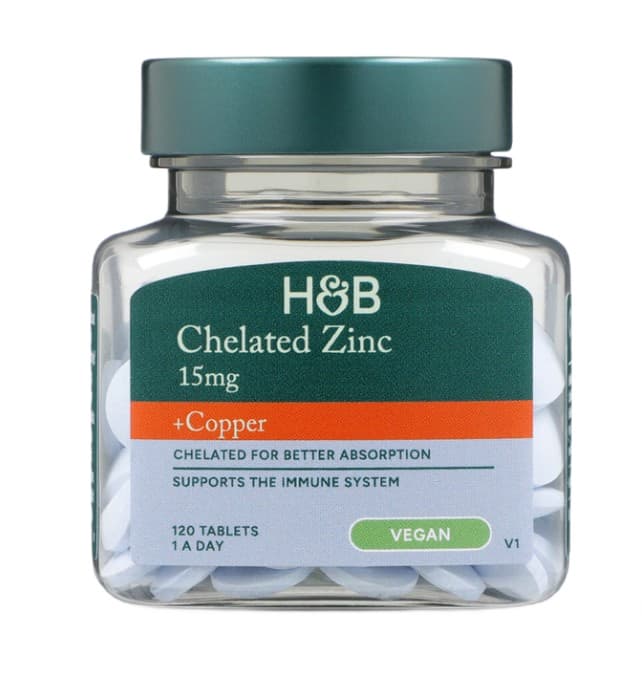 Chelated Zinc + Copper, 15mg - 120 tabletter | Holland & Barrett – Holland & Barrett förpackning
