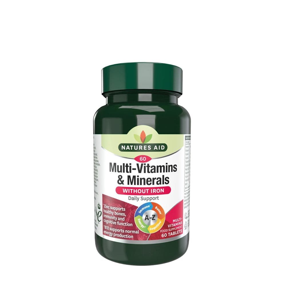 Natures Aid Multi-Vitaminer & Mineraler utan järn - 60 tabletter – Natures Aid förpackning