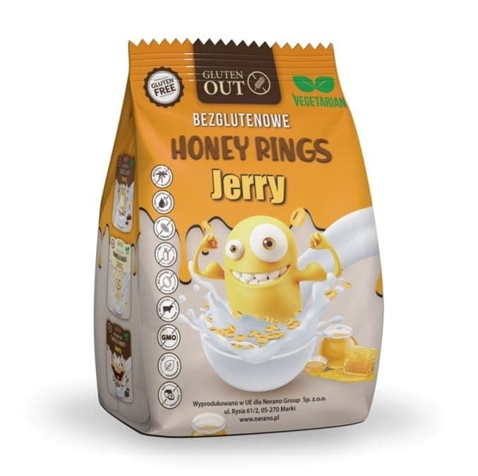 Jerry Gluten Out Kółka Zbożowe Miodowe Bezglutenowe 375 g | Bio Planet – Gluten Out förpackning