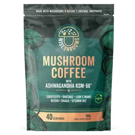 Wiseshrooms - Svampkaffe med Ashwagandha - 100g – Wiseshrooms förpackning