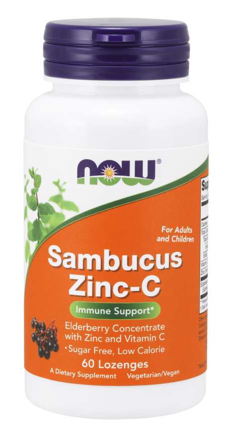 NOW Foods Sambucus Zinc-C 60 sugtabletter – NOW Foods förpackning