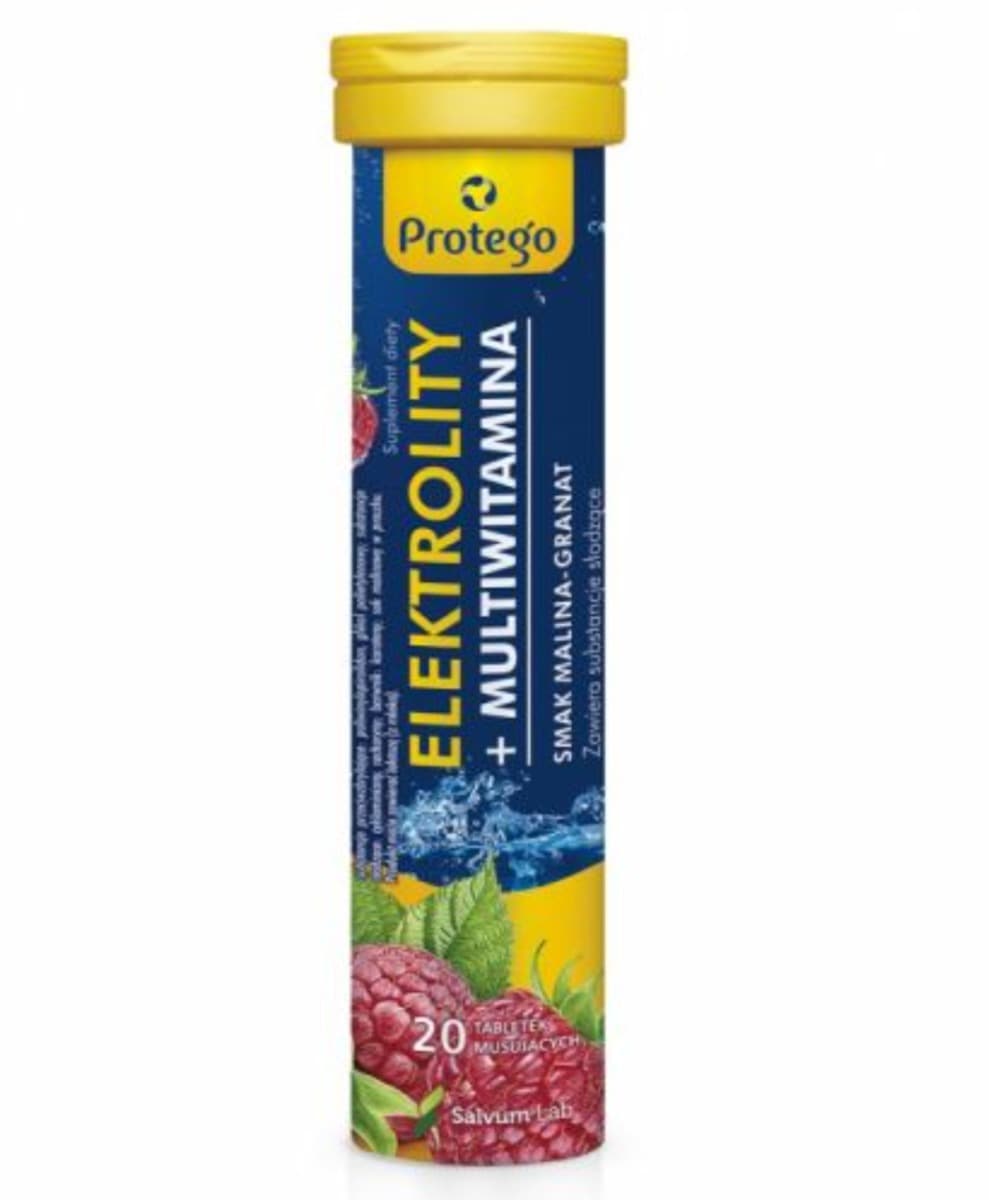 Protego Electrolitos+ Multivitamina frambuesa-granada 20 tabletas efervescentes – Protego empaque