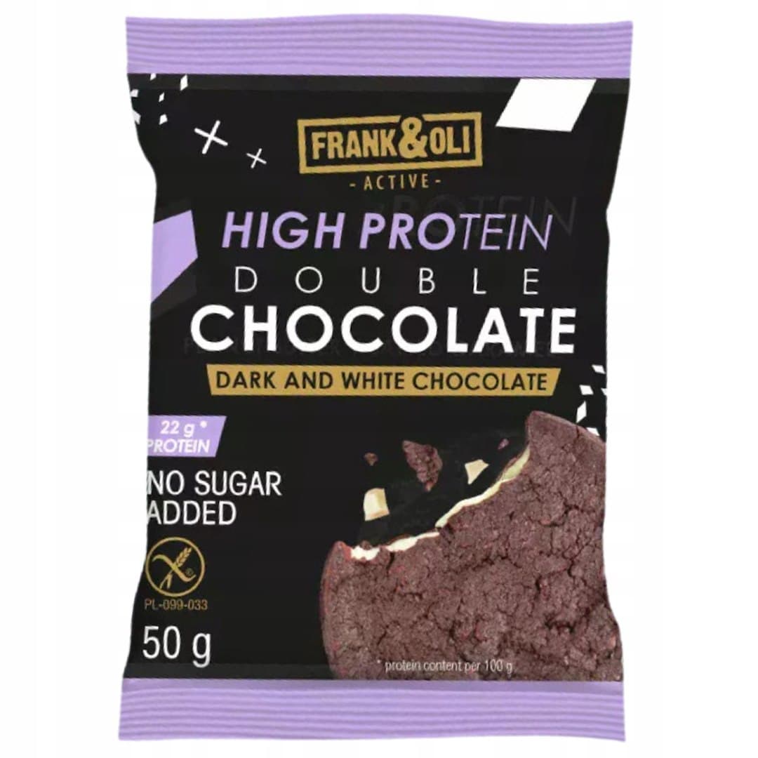 Frank&Oli High Protein Double Chocolate vit och mörk choklad 50g – Frank&Oli förpackning