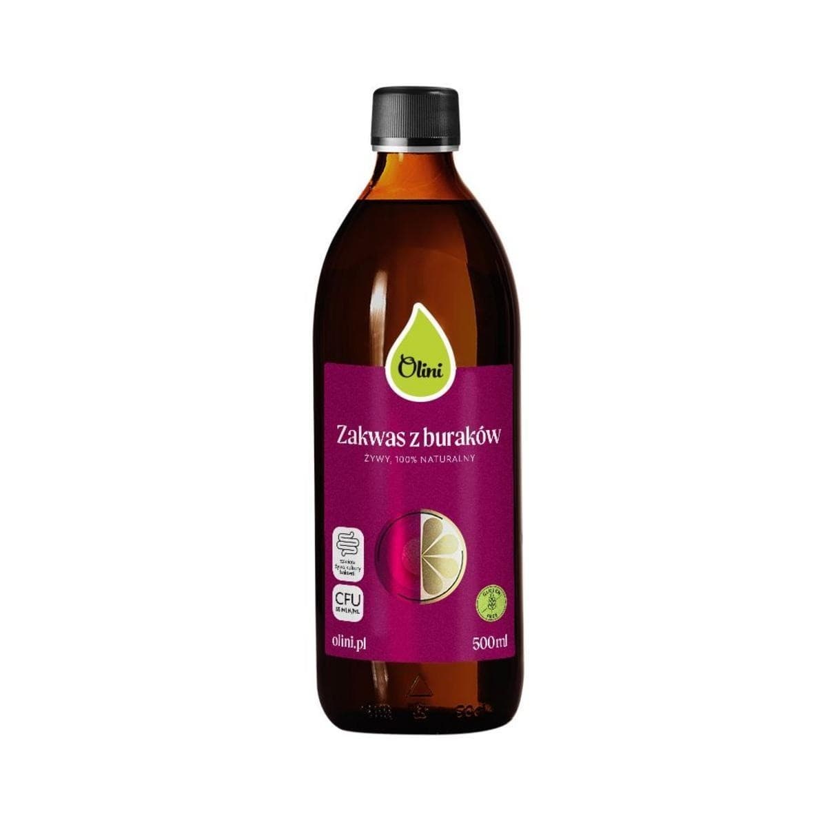 Olini Zakwas z buraków z cytryną kurkumą i imbirem 500 ml – olini förpackning