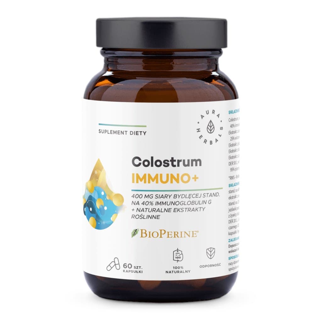 Aura Herbals Kolostrum Immuno + Bioperine 400 mg – 60 kapslar – Aura Herbals förpackning
