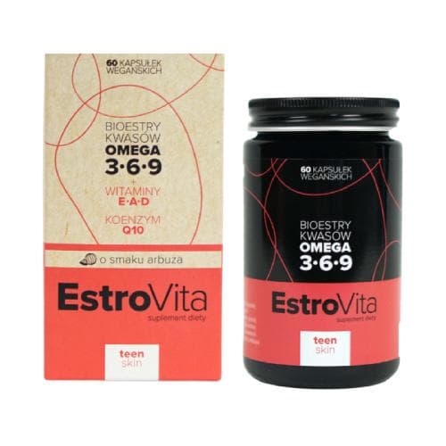 EstroVita Skin Teen Omega 3-6-9 met watermeloensmaak 60 capsules – Estrovita verpakking