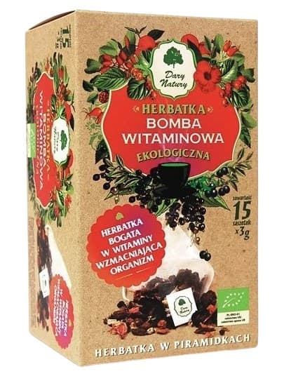 Dary Natury - Organic Vitamin Bomb Tea Pyramids 45g – Dary Natury förpackning