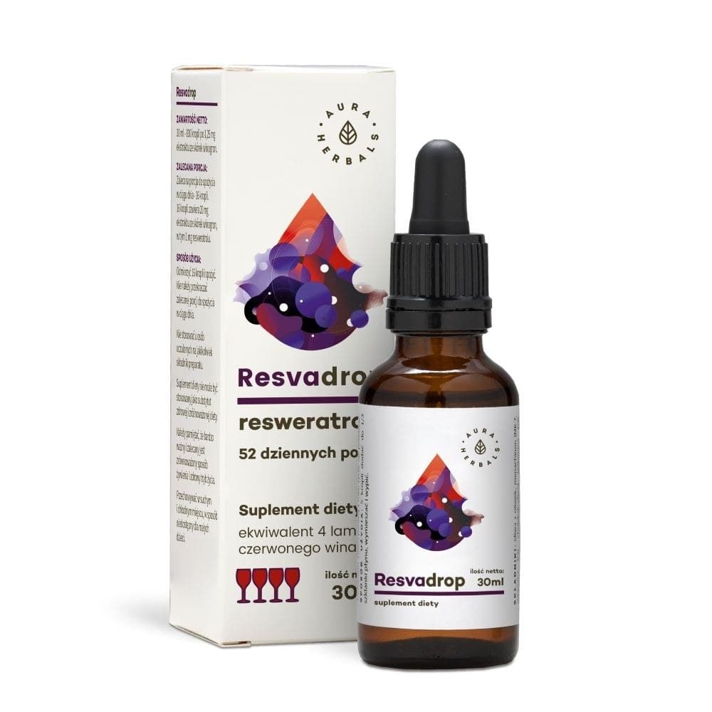 Aura Herbals Resveratrol 150 mg – 30 vegetabiliska kapslar – Aura Herbals förpackning