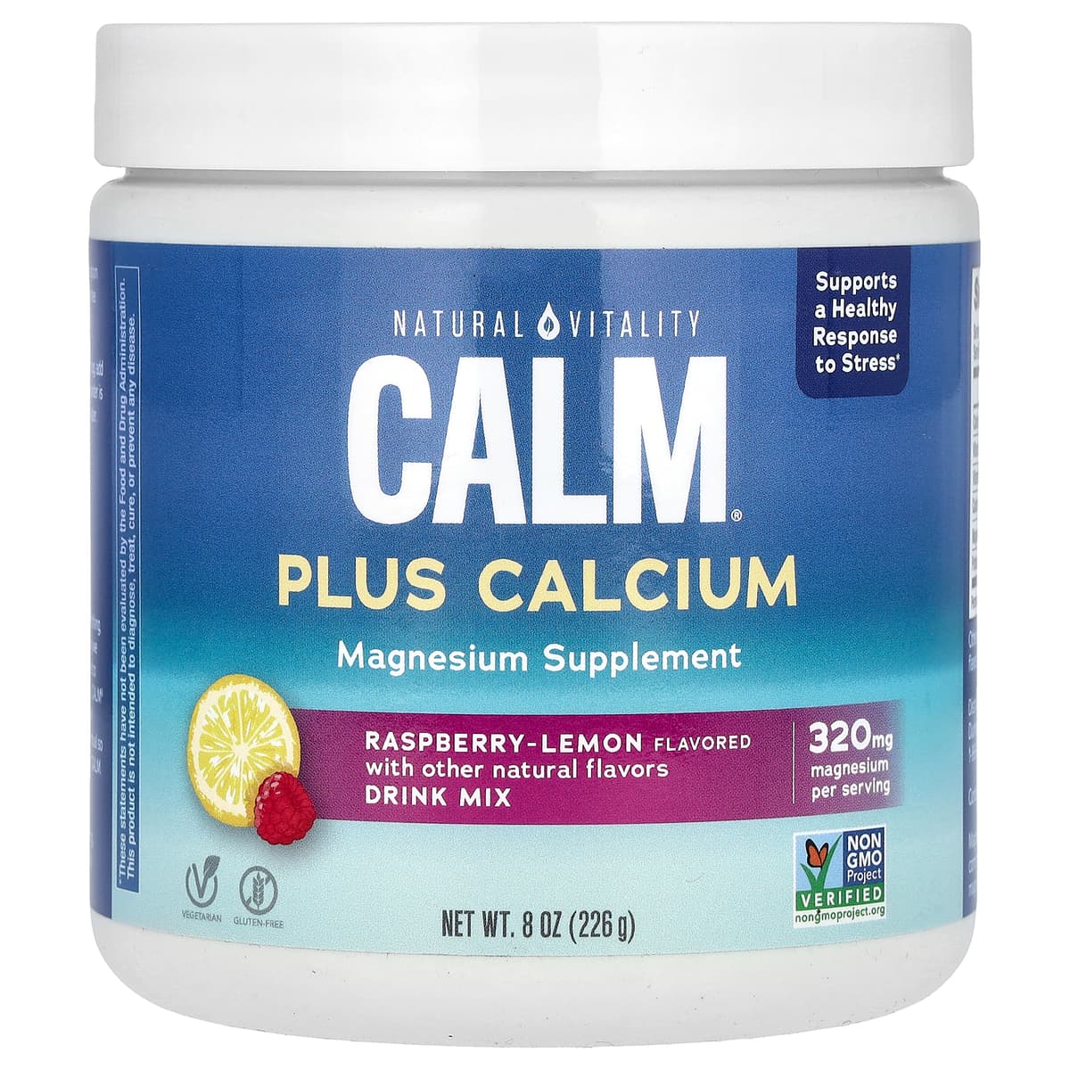 Natural Vitality Raspberry Lemon - Magnesium & Kalcium Pulver 226g – Natural Vitality förpackning