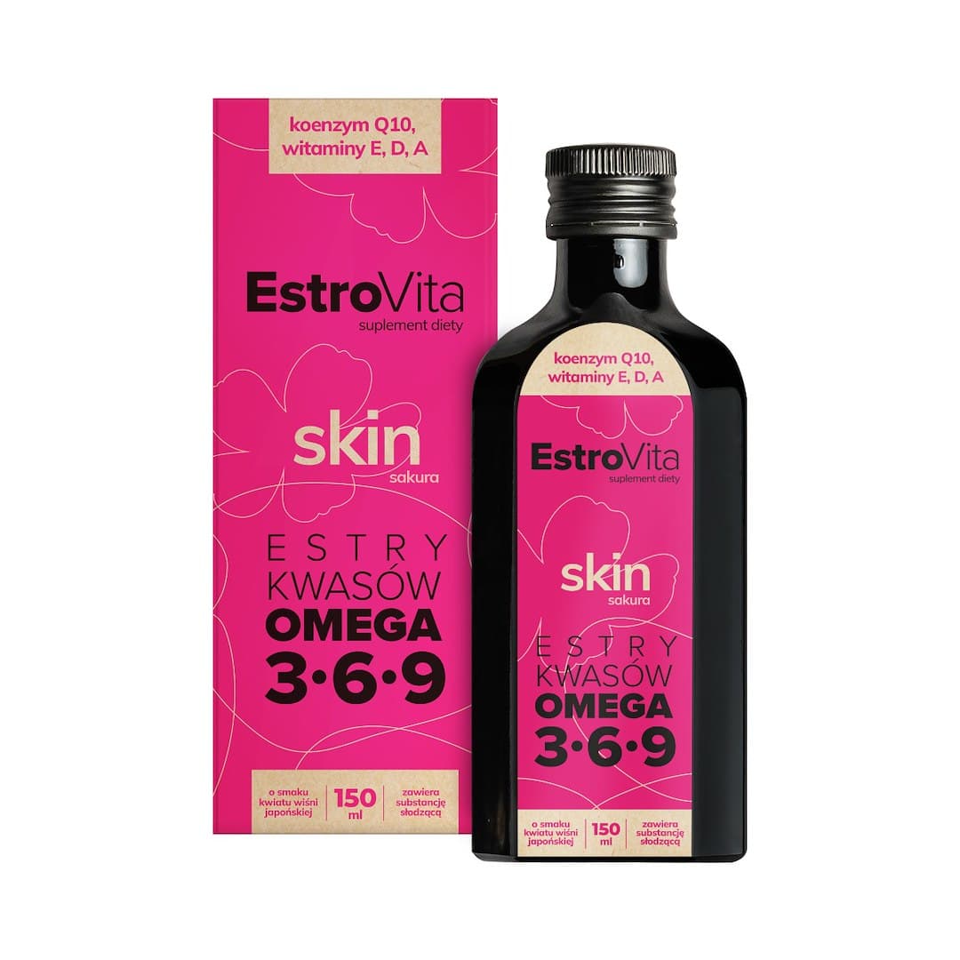 EstroVita Skin Omega 3-6-9 för kvinnor 150 ml körsbärsblomssmak | Estrovita – Estrovita verpakking