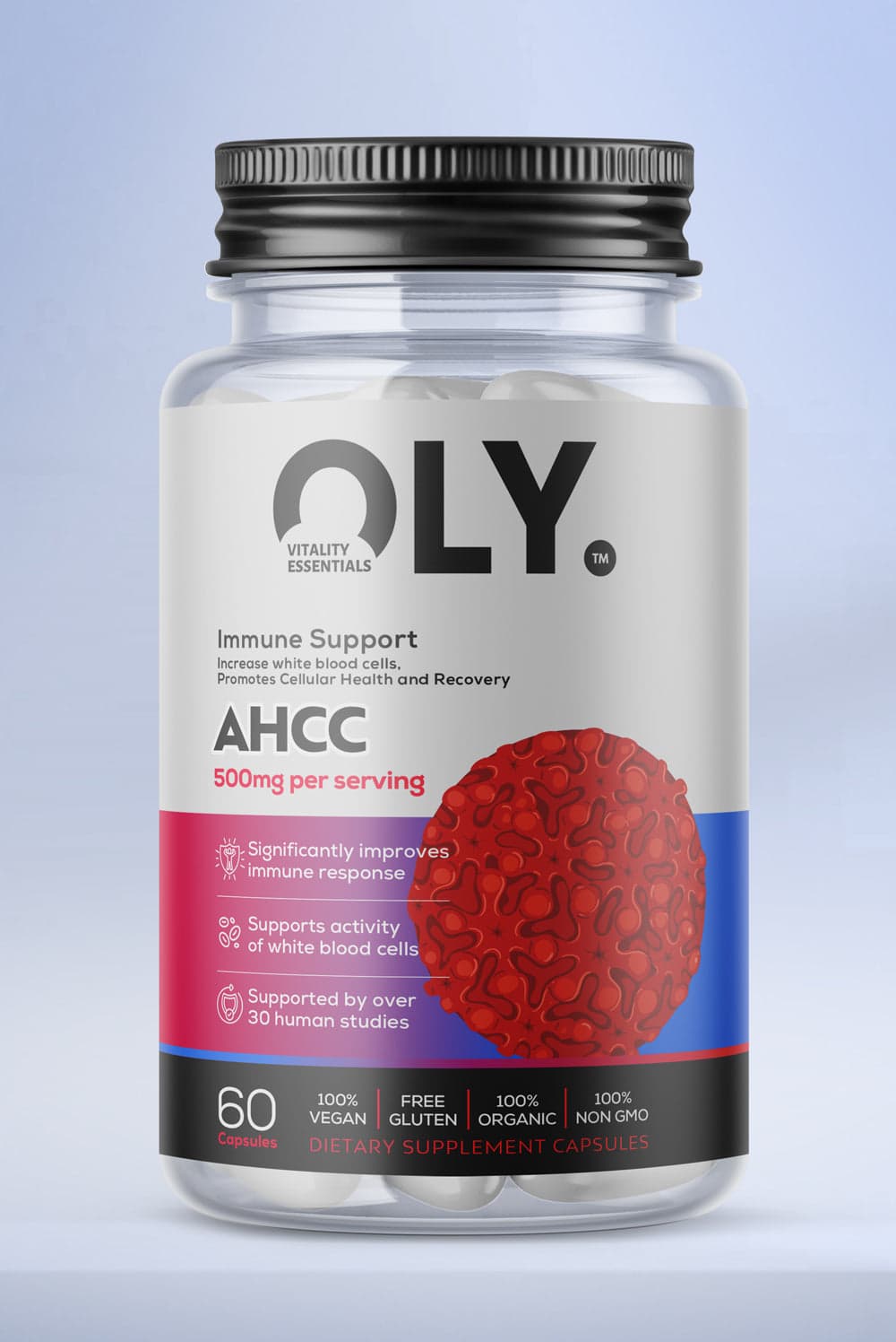 Oly AHCC 500mg – 60 veganska kapslar – Oly förpackning