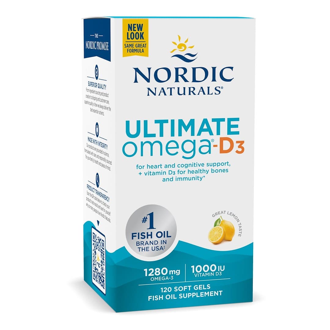 Nordic Naturals Ultimate Omega®-D3 1280mg Omega-3 + 1000 IE D3, 120 kapslar – Nordic Naturals förpackning