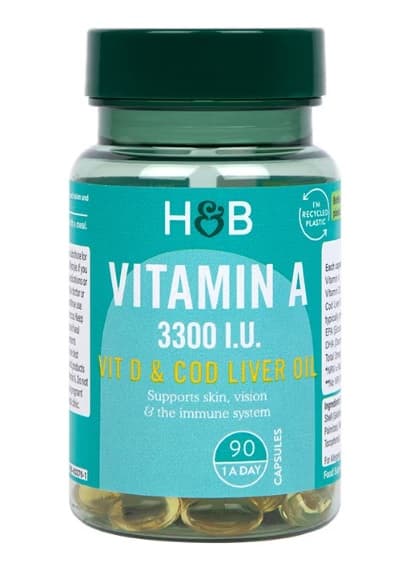 Holland & Barrett - Vitamin A med Levertran 100 kapslar – Holland & Barrett förpackning
