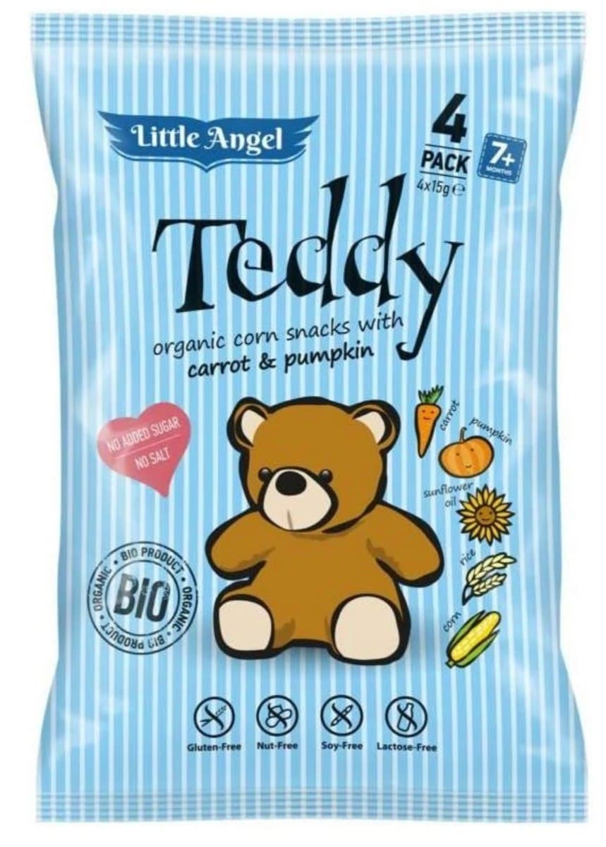 LITTLE ANGEL Chrupki kukurydziane TEDDY marchew dynia od 7 mies. BIO 4x15 g – Little Angel förpackning