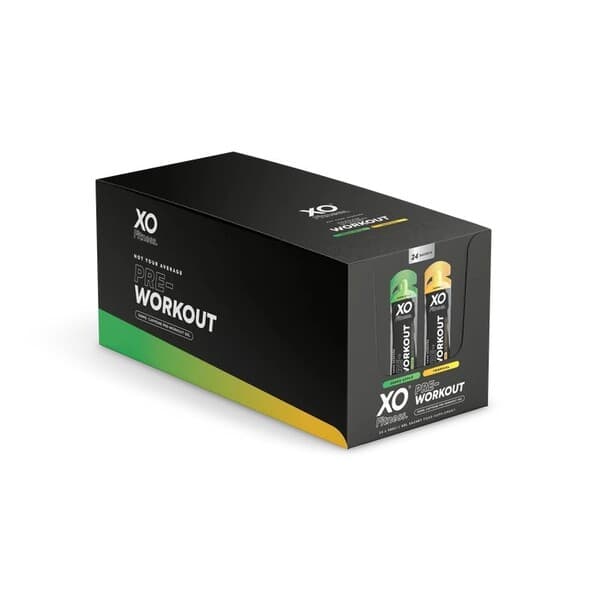 XO - Żel przedtreningowy, Zielone Jabłko i Tropikalne - 24 x 48g – XO opakowanie