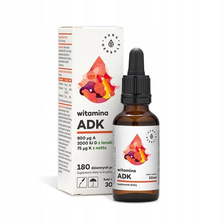 Aura Herbals Witamina A + D3 2000IU + K2mk7 30 ml – Aura Herbals Verpackung
