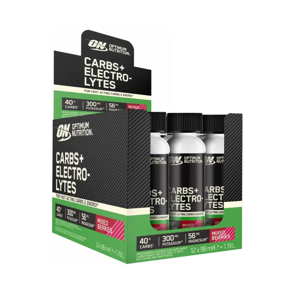 Optimum Nutrition - Carbs + Electrolytes Shot (12x99ml) - Mixed Berries – Optimum Nutrition förpackning