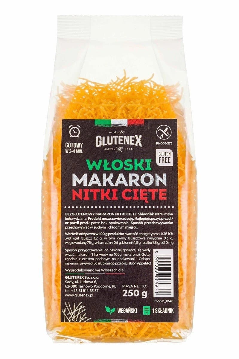 Glutenex - Italian Pasta Thin Noodles Gluten Free - 250g – Glutenex förpackning