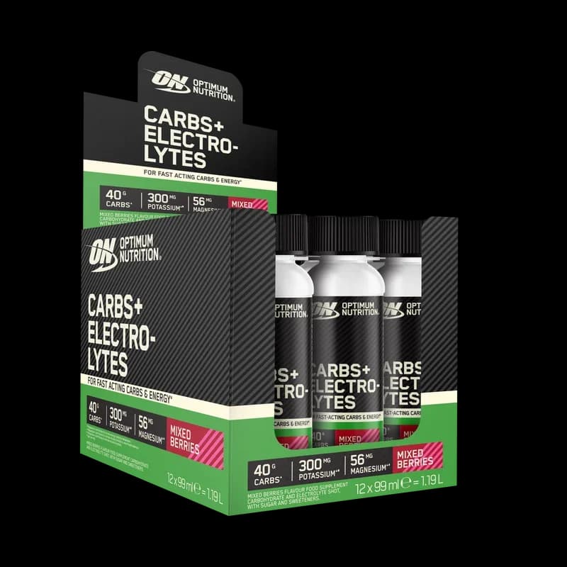 Optimum Nutrition - Shot de carbohidratos y electrolitos - Frutos del bosque, 12 × 99 ml – empaque