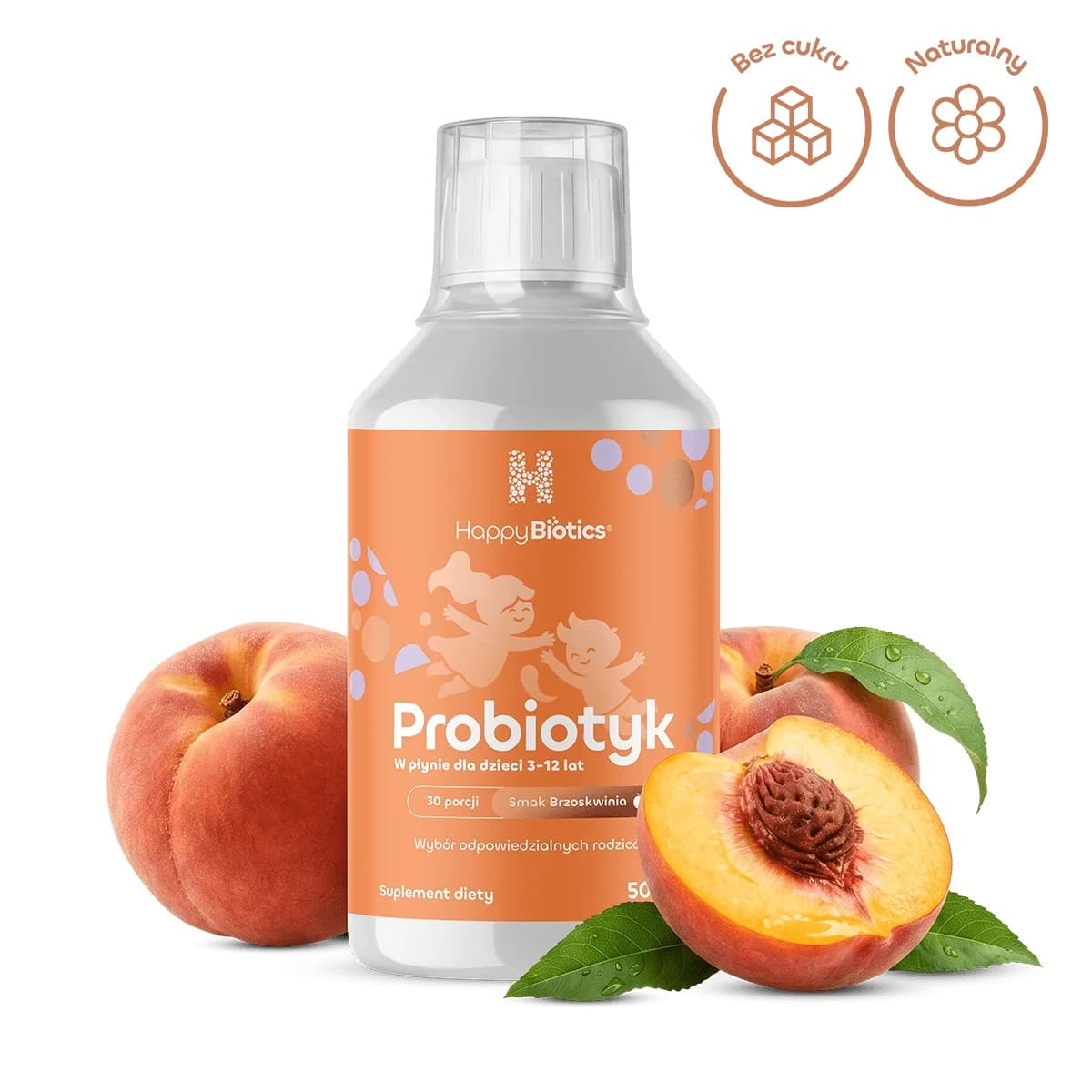 Happy Biotics - Children's Probiotic Peach 3-12 Years 500ml – Happy Biotics förpackning
