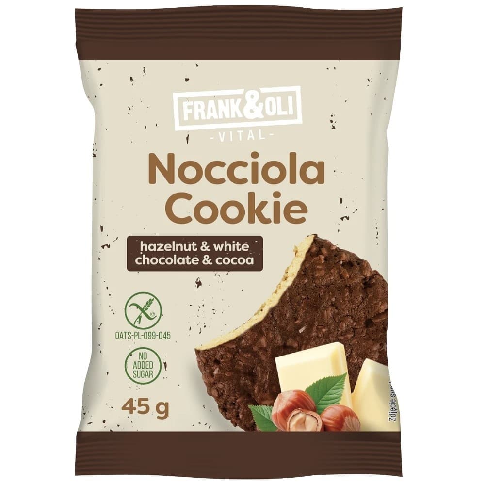 Frank&Oli - Ciastko z orzechami laskowymi, białą czekoladą i kakao 45g – Frank&Oli opakowanie