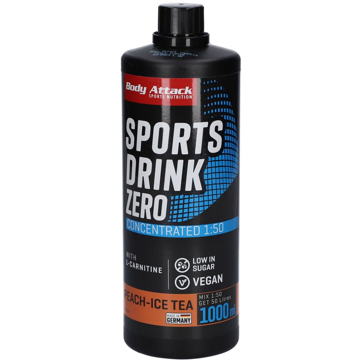 Body Attack - Sportgetränk ohne Zucker - Pfirsich-Eistee, 1000 ml – Body Attack Verpackung