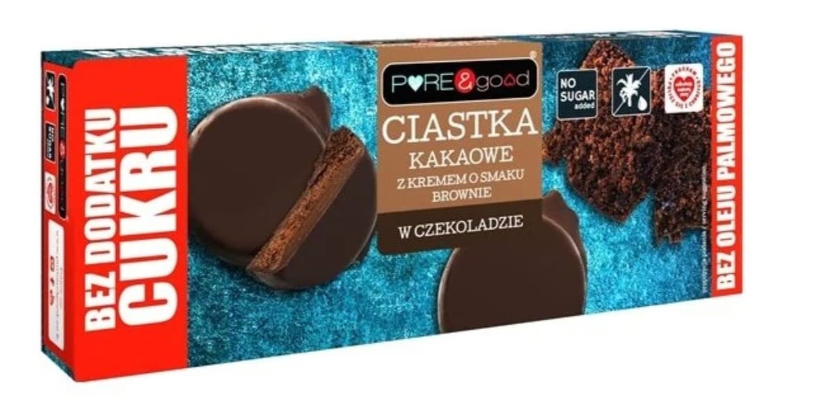 PURE & GOOD Cocoa Cookies with Brownie Cream in Chocolate, without added sugar 128 g | EKO WITAL – PURE & good packaging