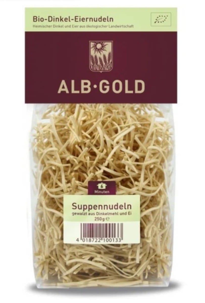 Alb-Gold - Organic Spelt Egg Noodles - 250g – Alb-Gold förpackning