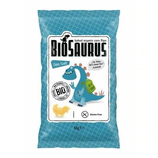 BIOSAURUS Corn Crackers Dinozaury with sea salt organic 50 g | EKO WITAL – BioSaurus packaging