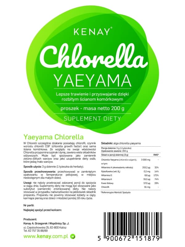 Kenay - Chlorellapulver - 200 g – förpackning