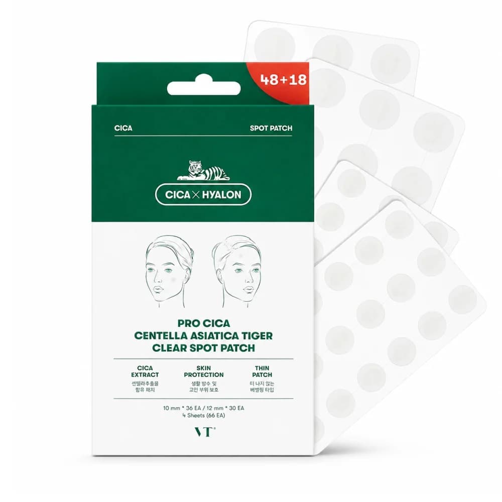 VT - Pro Cica Centella Asiatica Tiger Clear Spot Patch - 48+18 Patches (10mm x36 EA / 12mm x30 EA) – SKO förpackning