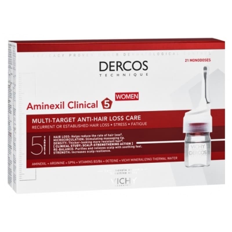 Lenor - Aminexil Clinical 5 Mujer Tratamiento contra la caída del cabello 21 x 6ml – Vichy empaque