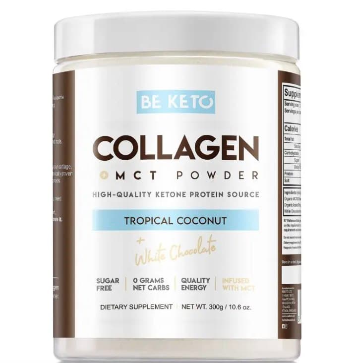 BeKeto Keto Collagène avec huile MCT, saveur noix de coco et chocolat blanc 300 g – BE KETO packaging