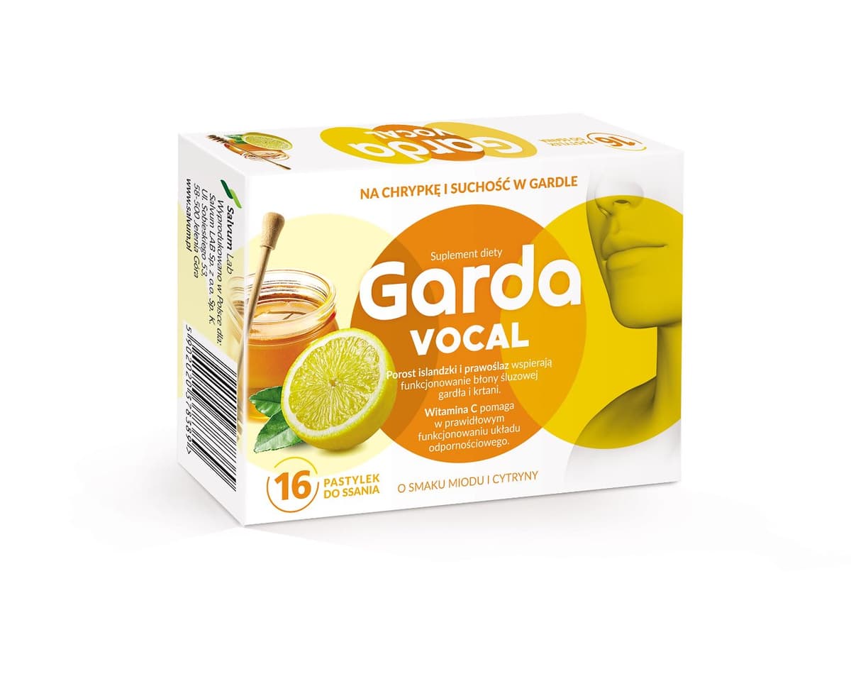Garda Vocal 16 lozenges for sucking with honey and lemon flavour – Salvum Lab packaging