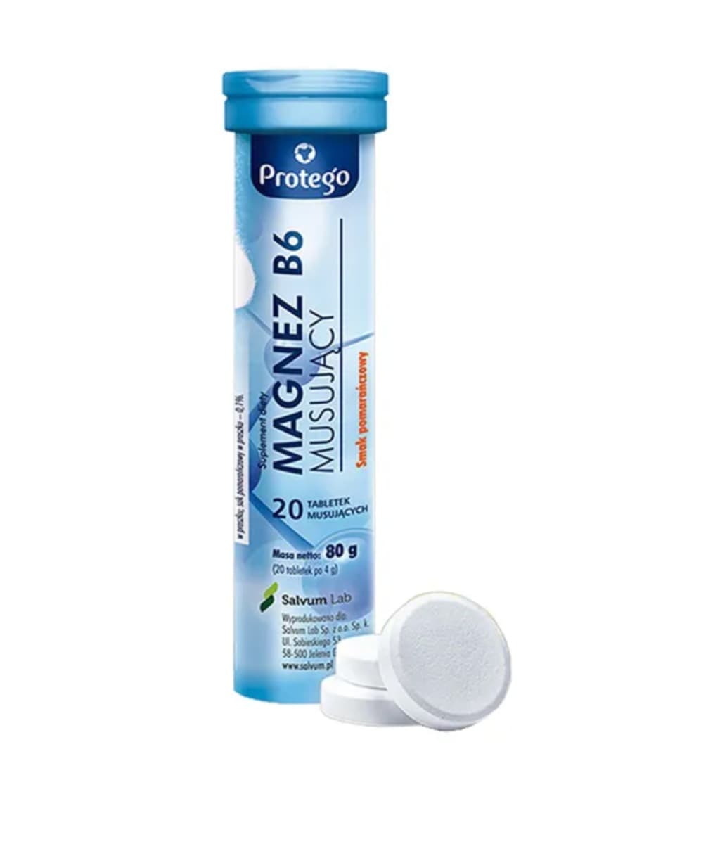 Protego Magnez B6 Effervescent 20 comprimés effervescents, saveur orange | Salvum Lab – Protego packaging