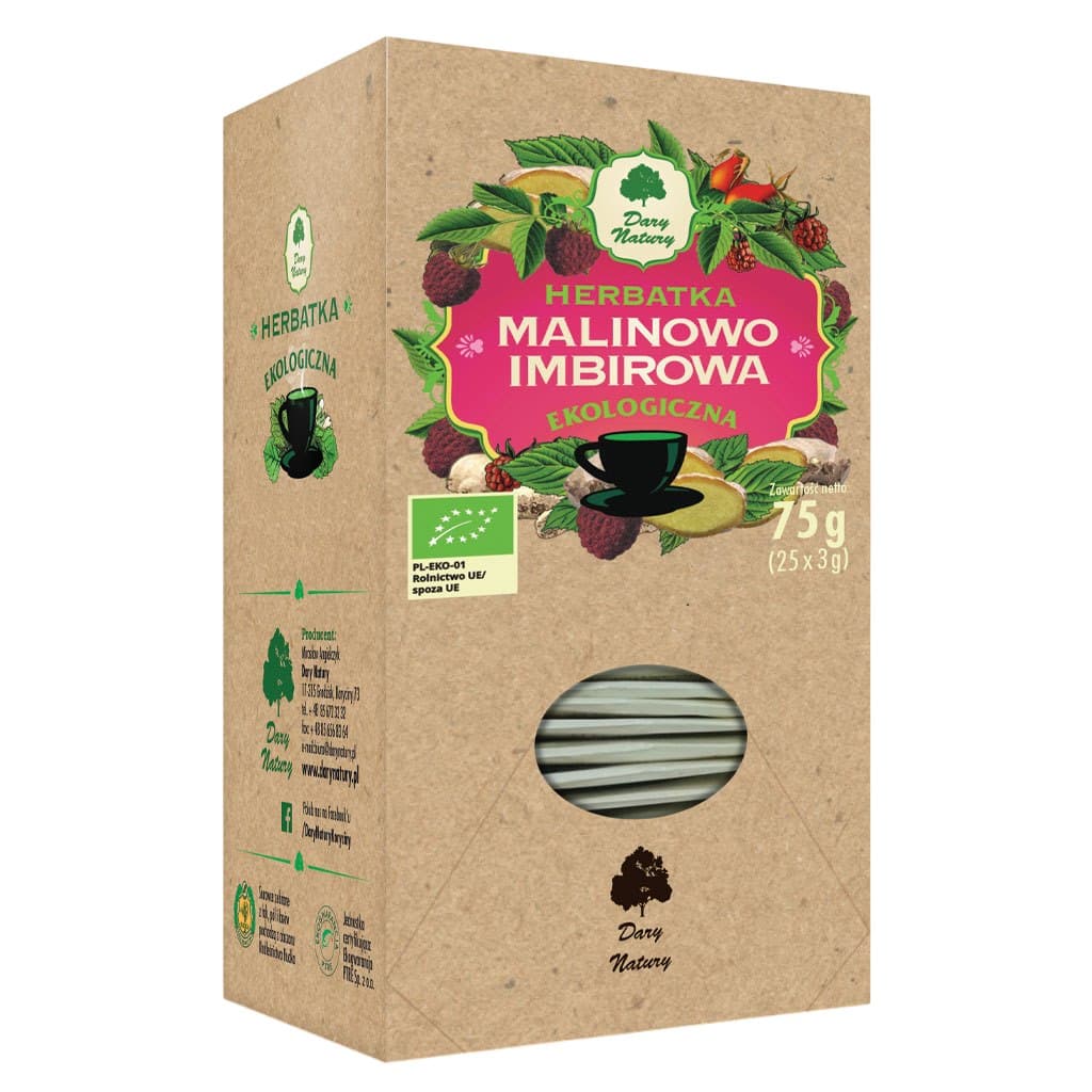 Dary Natury - Herbata malinowo-imbirowa, 75g (25x3g) – Dary Natury opakowanie