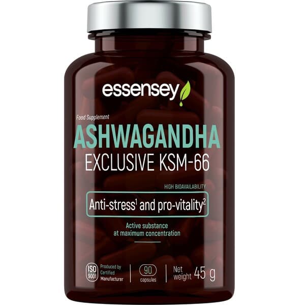 Essensey Ashwagandha KSM-66 - 90 cápsulas vegetales – Essensey empaque
